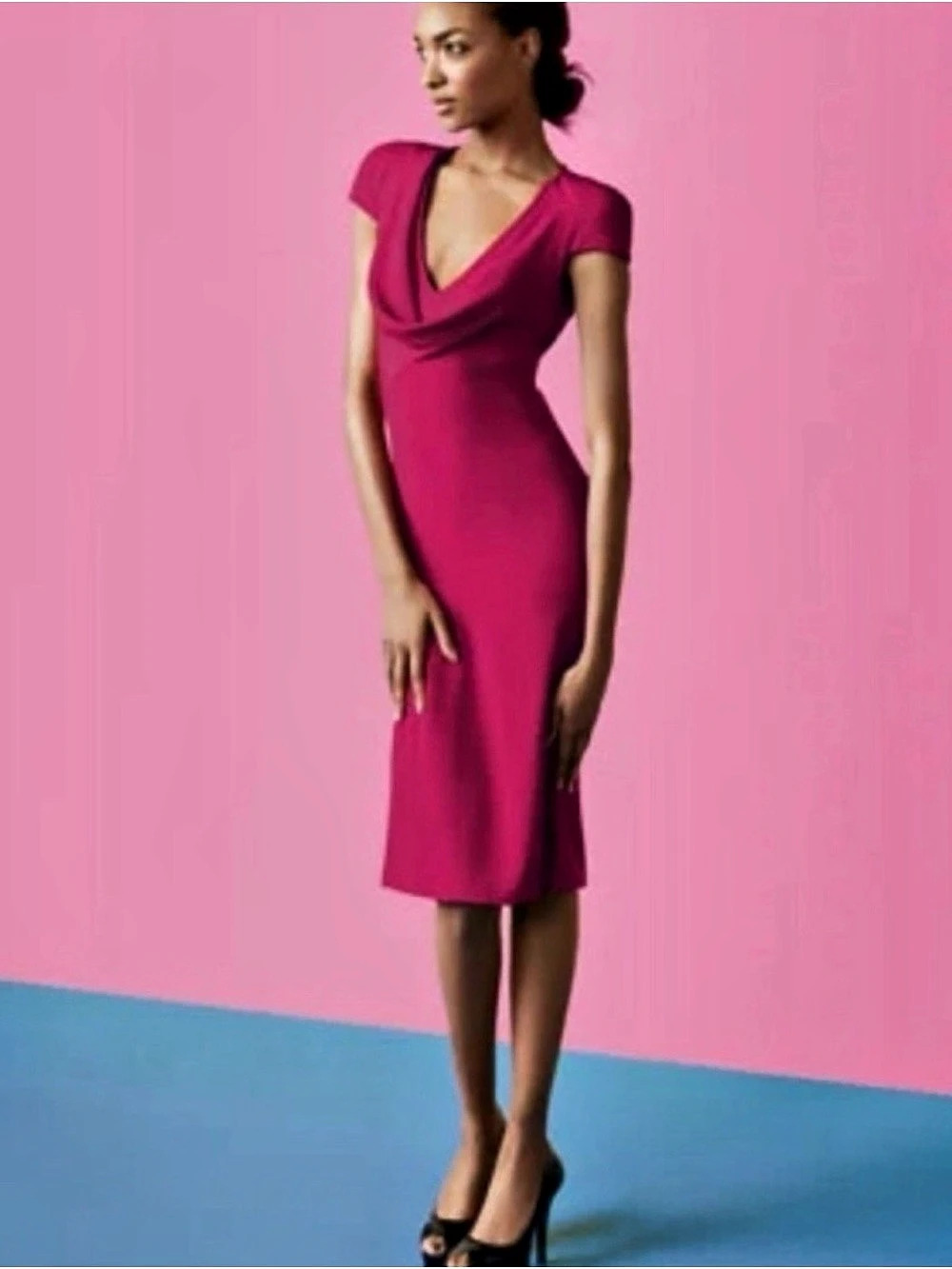 Alexander McQueen Draped Neck Midi Dress in Fuschia-magenta